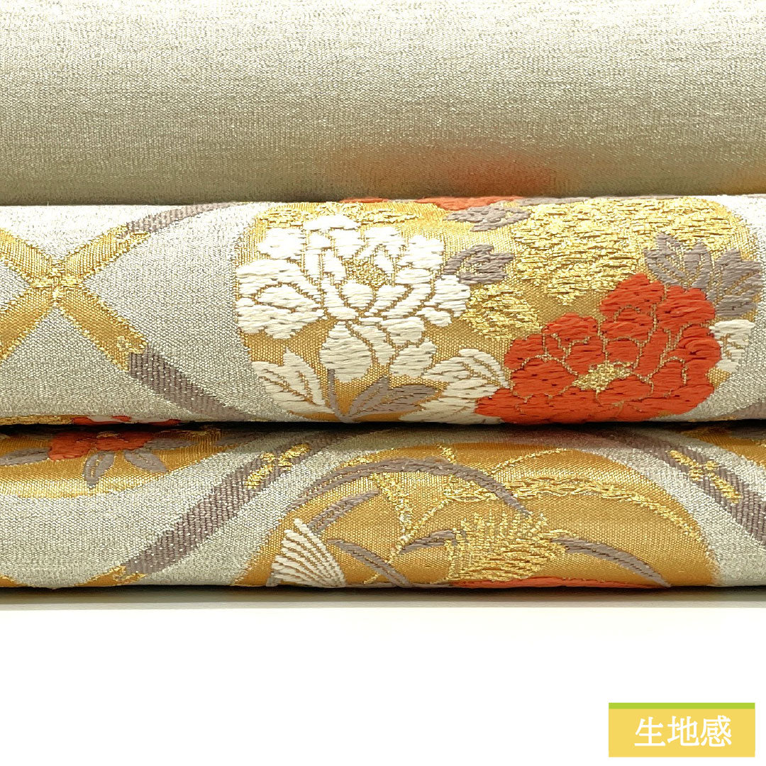 袋帯 正絹 Sランク 天井画 綴れ織 花紋 帯丈424cm ポイント柄 フォーマル 銀系 1123016822322