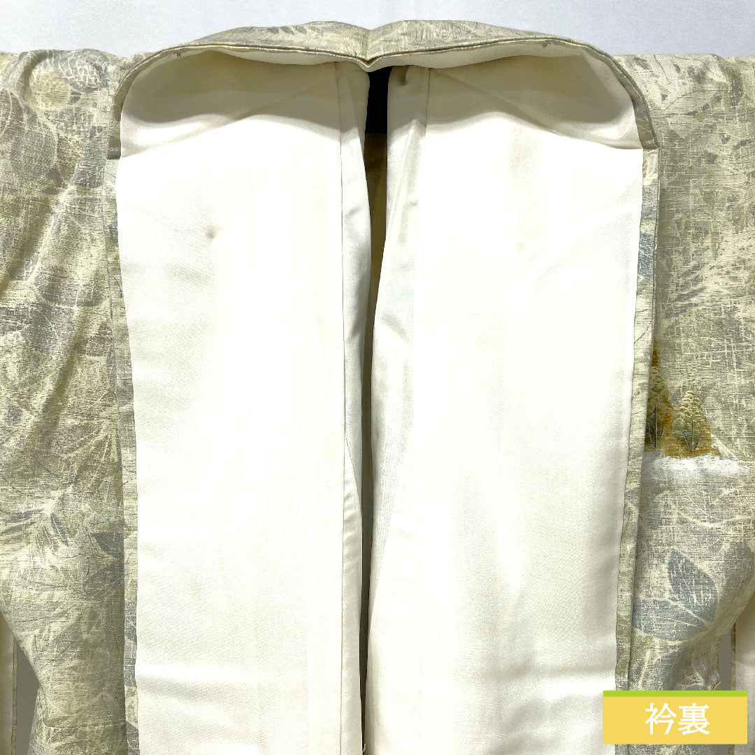 Homongi (formal kimono) made of pure silk, lined, length 163cm, sleeve length 65cm, steamed chestnut color, pongee fabric, landscape pattern, floral pattern, S rank, green, 1112005042419