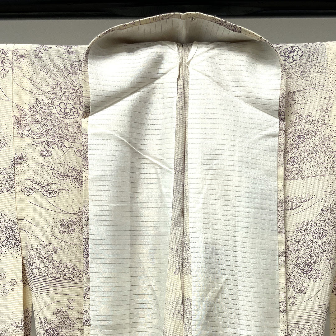 夏物 正絹 小紋 身丈154.5cm 裄丈63.5cm 乳白色(にゅうはくしょく) 松竹梅 菊 流水 絽 Sランク 白系 1132000642211