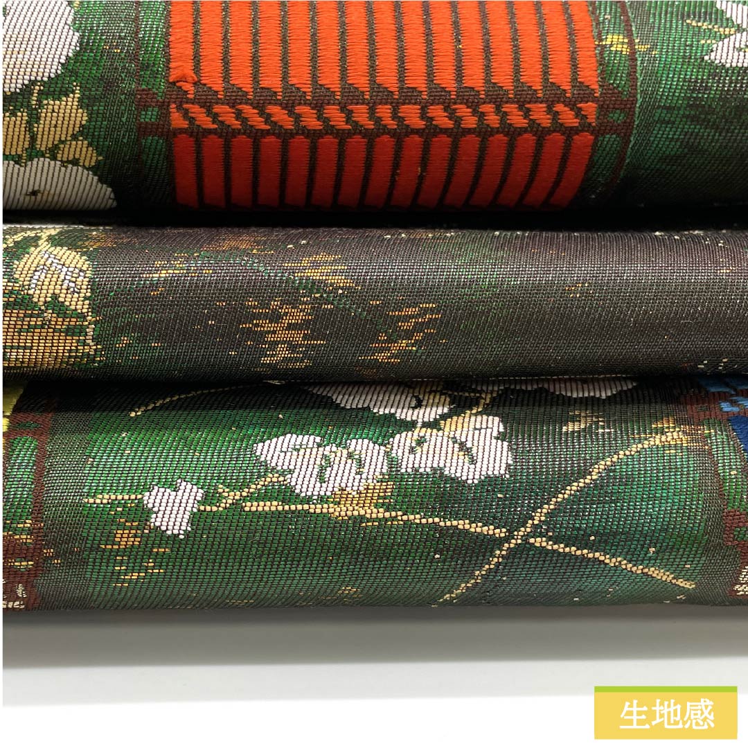 Fukuro Obi (Biroudo-iro) Silk, Plum, Ivy, Wisteria, Cherry Blossoms, Length 424cm, A Rank, Six-way, Formal, Green, 1123012113319