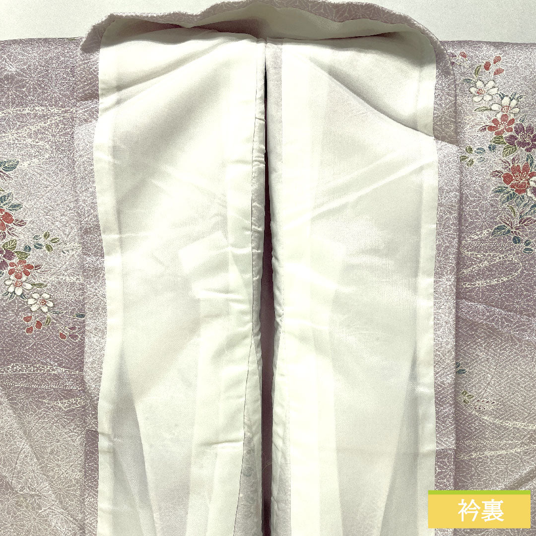 小紋 ポリエステル 身丈157.5cm 裄丈64cm 袷 淡藤色(うすふじいろ) 洗える着物 草花模様 Aランク 紫系 1115004543320