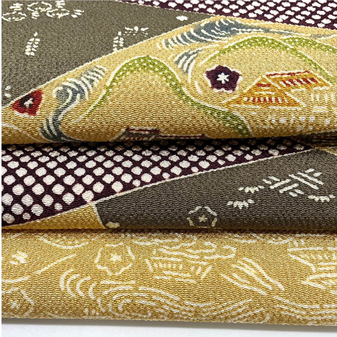 名古屋帯 山吹鼠色 京紅型 栗山工房 吉祥文様 帯丈366cm 正絹 Sランク ポイント柄 カジュアル 茶系 1124005202314 名古屋仕立て