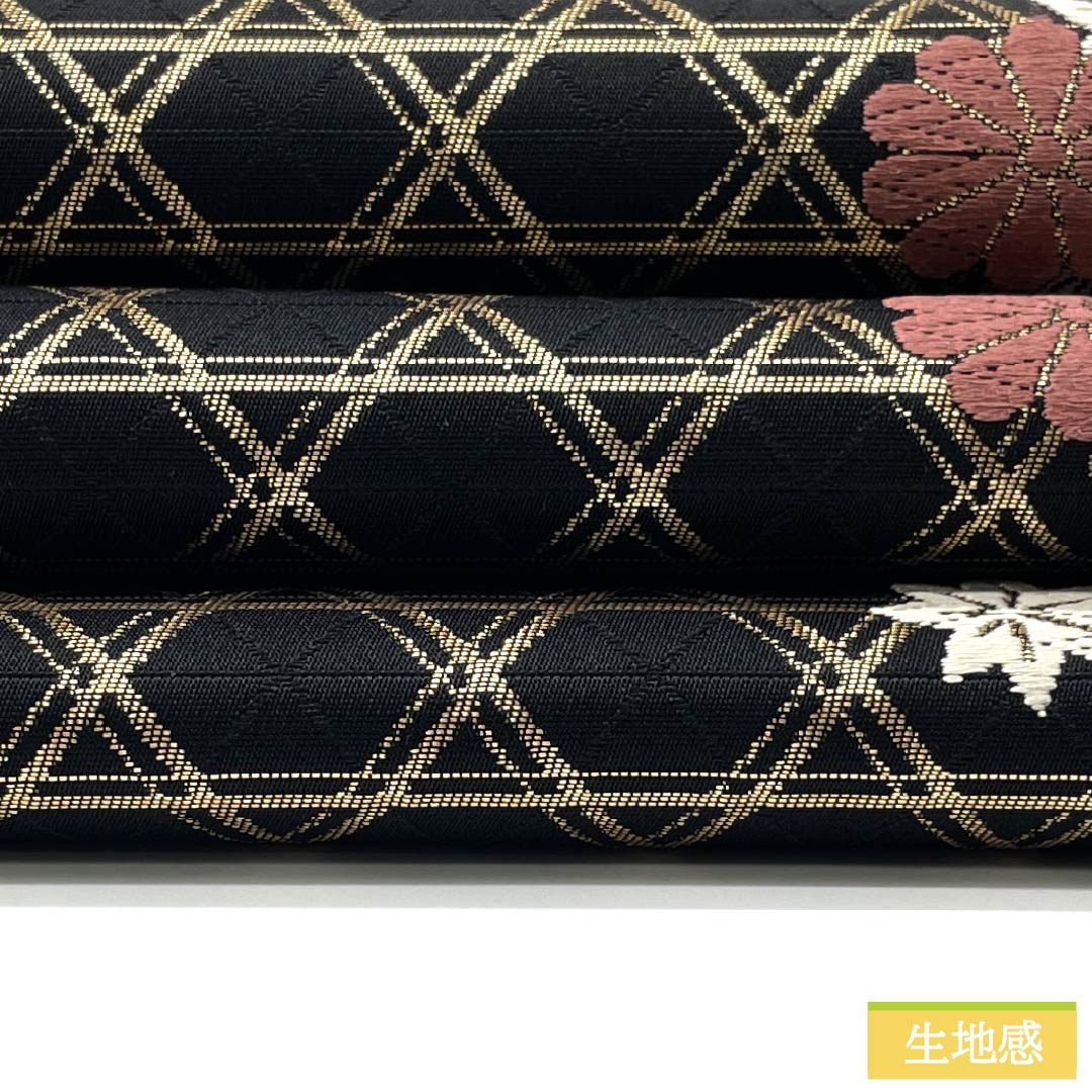 袋帯 正絹 Sランク 籠目 蝶 古典柄 帯丈424cm 全通 セミフォーマル 黒系 1123015342310