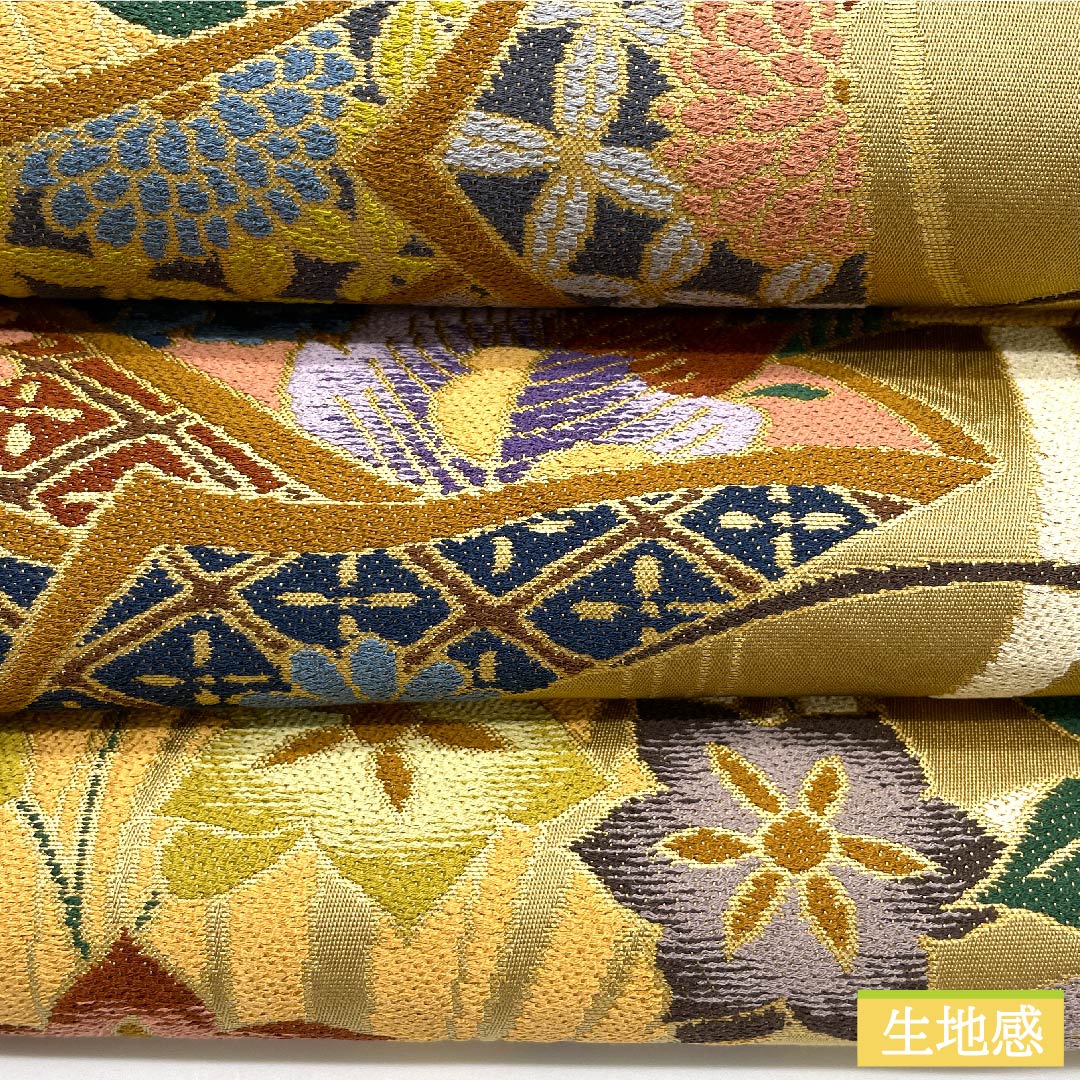 袋帯 正絹 胡桃色(くるみいろ) 花柄 白綾苑大庭 振袖用 帯丈438cm Aランク 六通 フォーマル ベージュ系 1123010783325