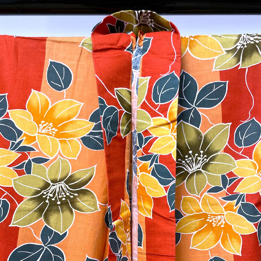 浴衣 黄丹色 ツツジ 木綿 Aランク 単衣 身丈162cm 裄丈66.5cm 朱系 1118004223416