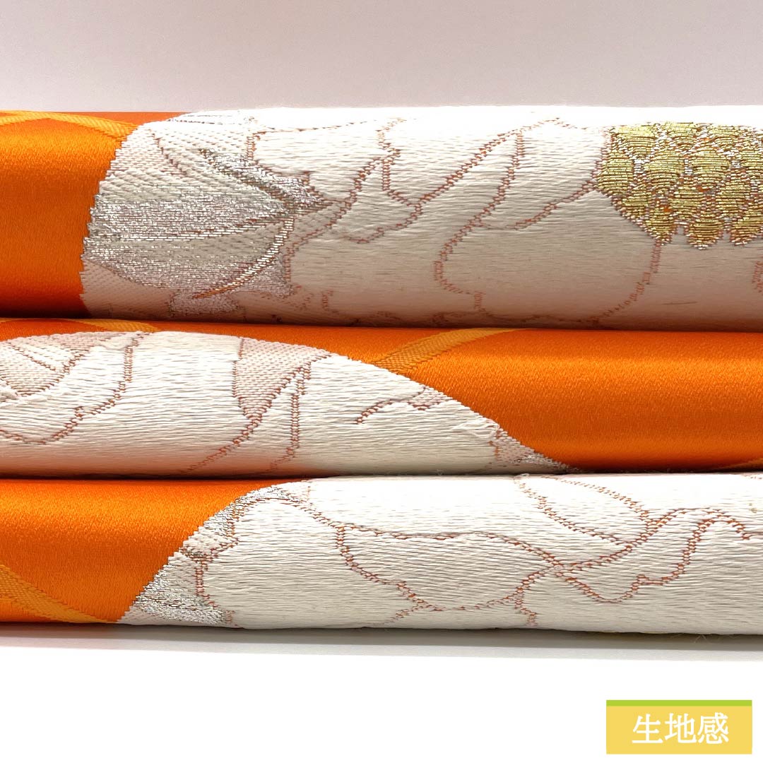 袋帯 正絹 黄丹色(おうにいろ) 振袖用 丸に牡丹 帯丈414cm Aランク 六通 フォーマル 橙系 1123014263326