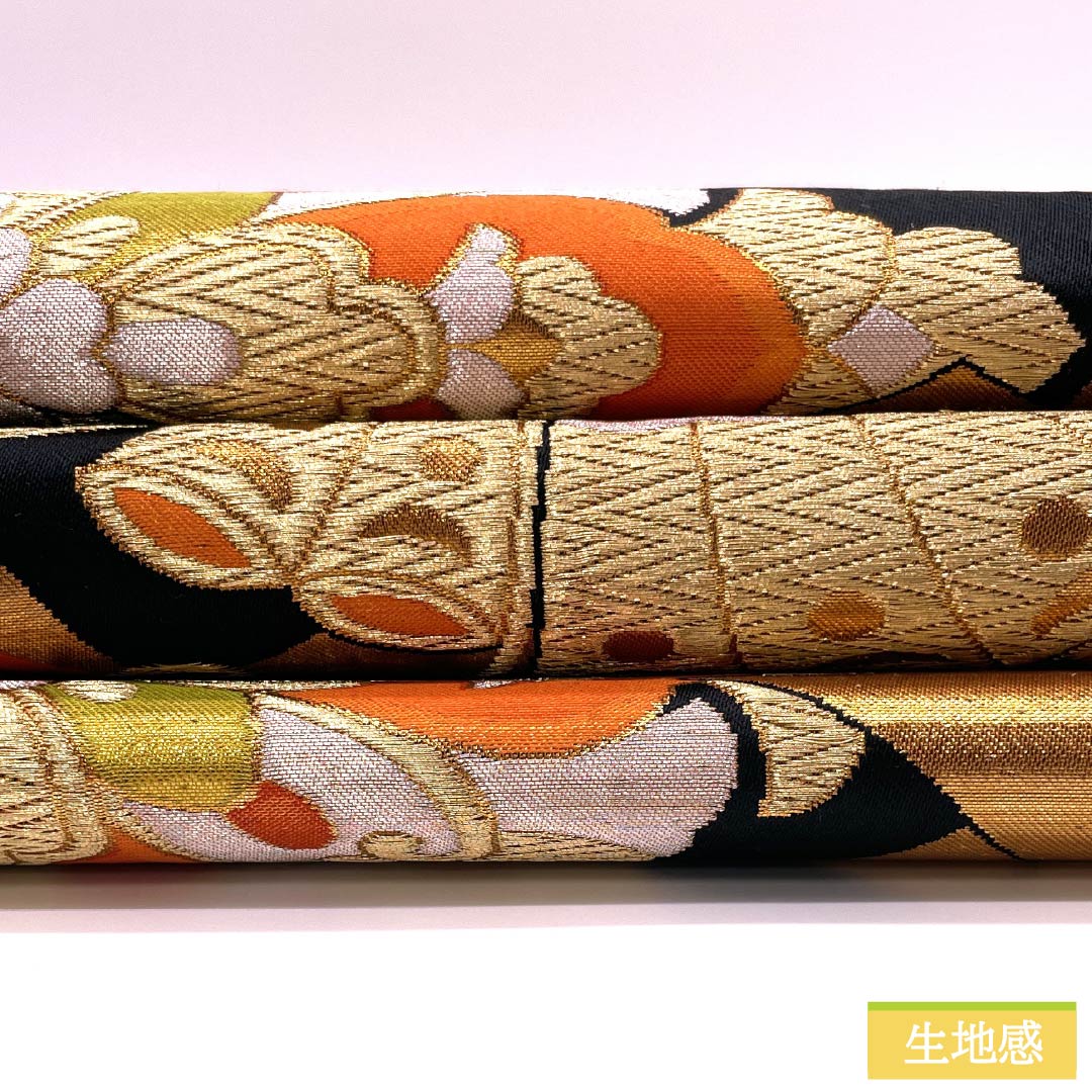 袋帯 正絹 振袖用 束ね熨斗 宝相華 蝶 帯丈414cm Sランク 六通 フォーマル 黒系 1123014552310