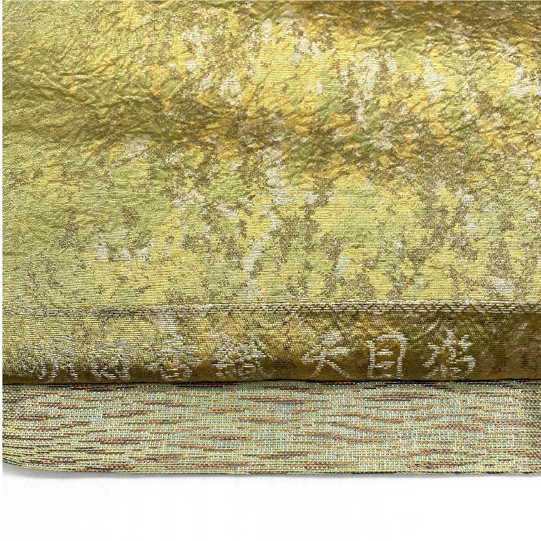 Fukuro Obi (light green obi) Asukaori Tenmoku foil Reversible Geometric pattern Length 432cm Pure silk A rank Six-way Semi-formal Gold 1123008033321