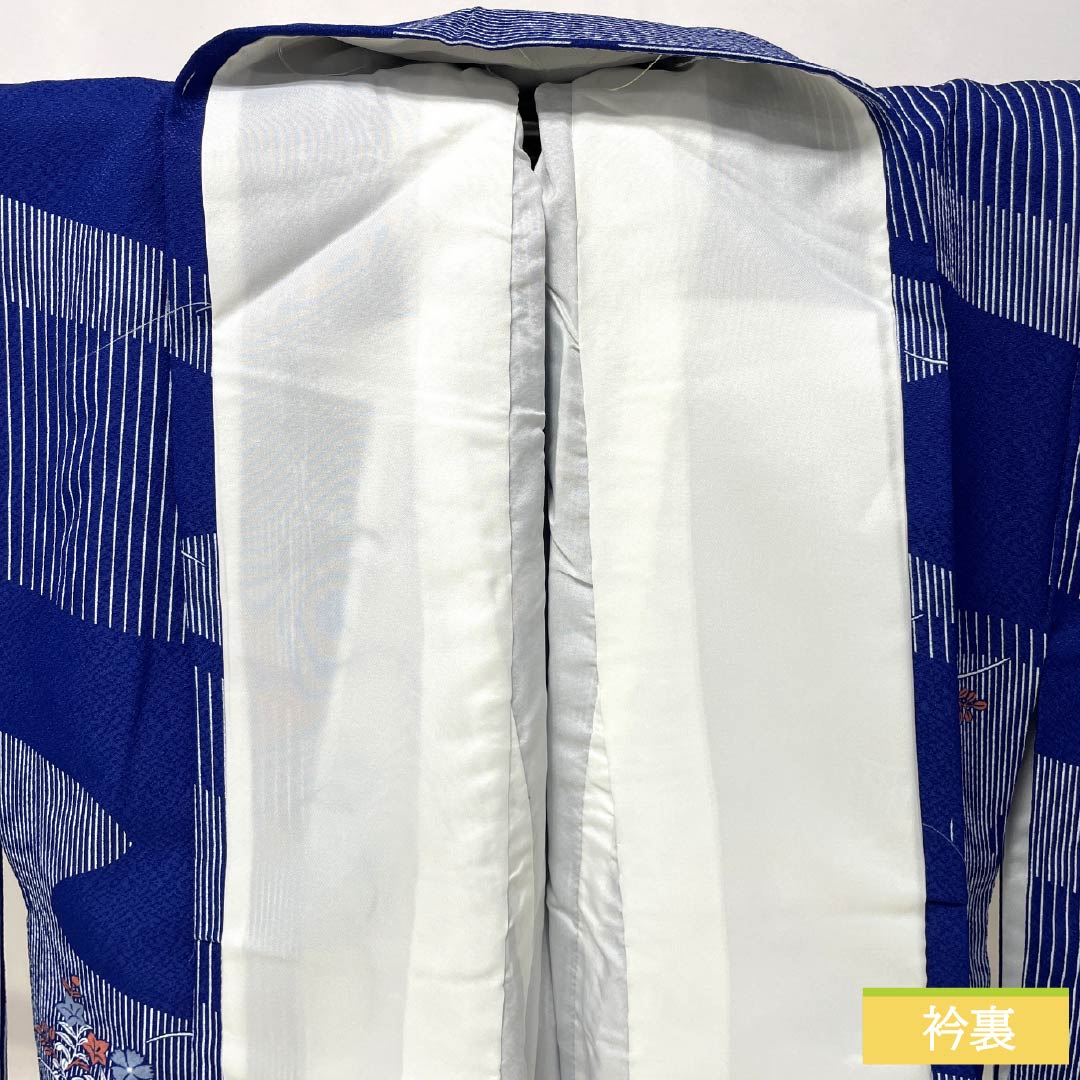 小紋 ポリエステル Sランク 身丈162cm 裄丈65.5cm 袷 瑠璃色(るりいろ) 流水 花 洗える着物 青系 1115007512417