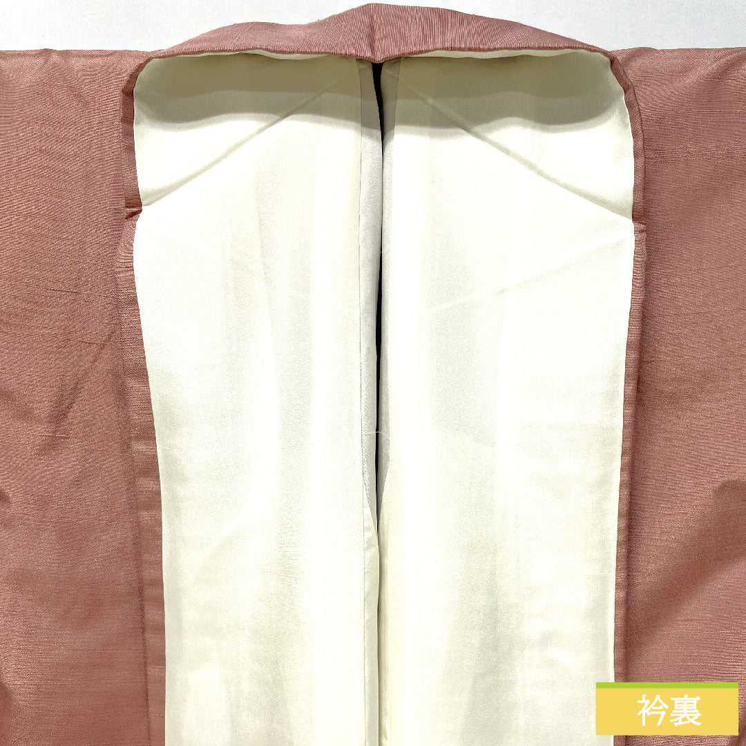 訪問着 正絹 袷 身丈162.5cm 裄丈62.5cm 帯紅色(たいこうしょく) 紬地 一つ紋 丸に角立四ツ目 付下げ Sランク 紫系 1112005572420