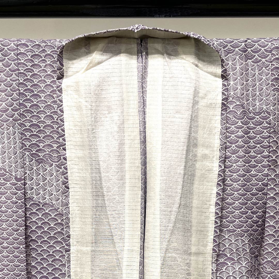 Summer polyester komon, length 157cm, sleeve length 62.5cm, half-color (hashitairo), Seigaiha, silk, S rank, purple, 1132000282320