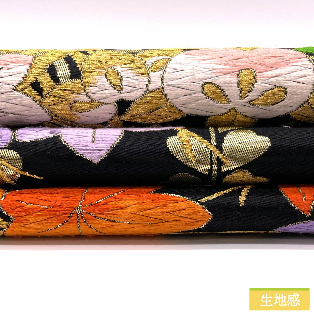 (未仕立)袋帯 正絹 振袖用 竹垣 橘 杜若 帯丈432cm Sランク 六通 フォーマル 黒系 1123014592310