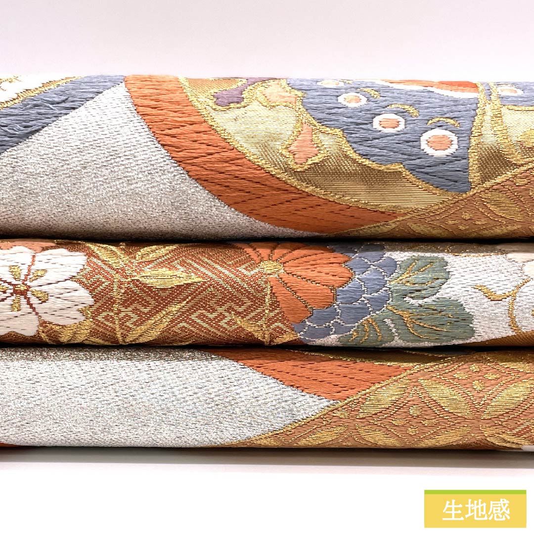 袋帯 正絹 振袖用 吉祥文様 丸紋 唐花 蝶 帯丈434cm Aランク 六通 フォーマル 金系 1123014273321