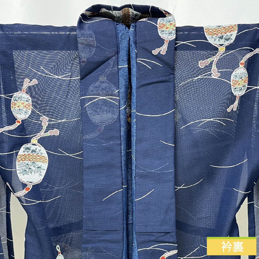 夏物 ポリエステル 小紋 身丈146cm 裄丈63cm 紺色(こんいろ) 手毬 洗える着物 絽 Sランク 紺系 1132002502118