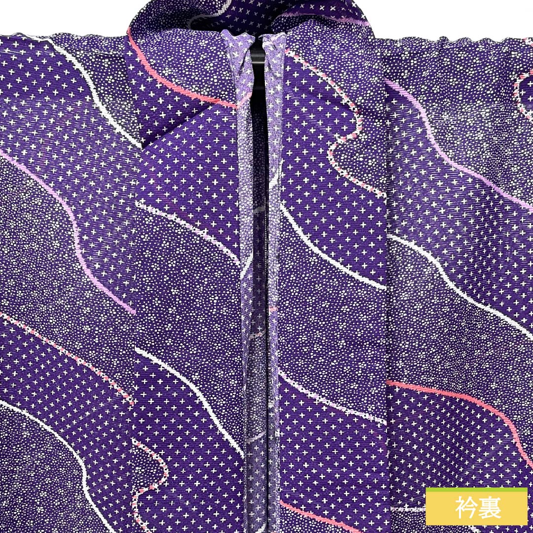 夏物 ポリエステル 小紋 身丈167.5cm 裄丈68.5cm 紫色(むらさきいろ) 小花模様 道長取り 洗える着物 絽 Sランク 紫系 1132002522520