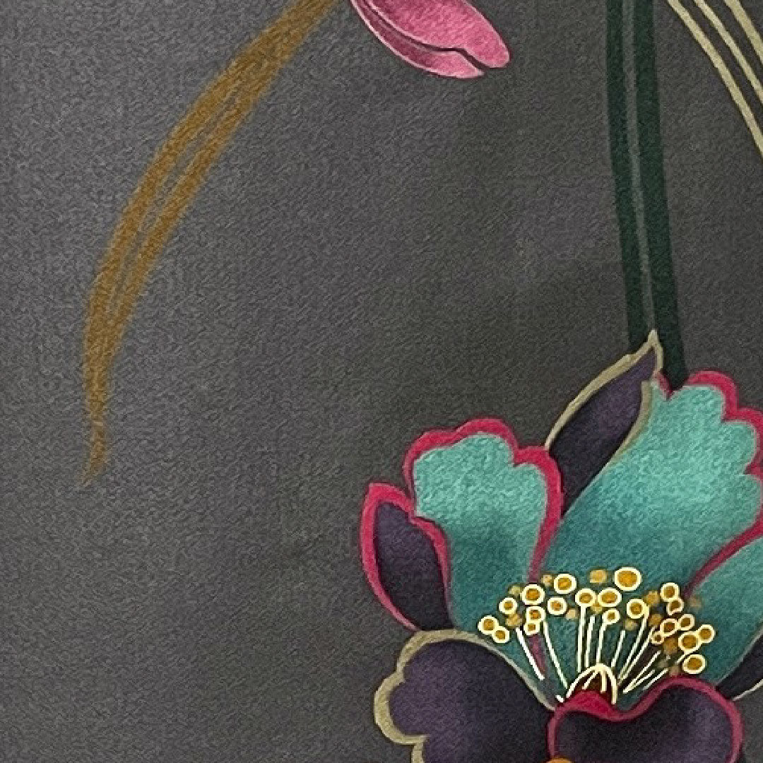 小紋 身丈158.5cm 裄丈64cm 袷 鋼色 しつけ糸付き 未使用品 手描き 京友禅 草花模様 正絹 Sランク グレー系 1115002902322
