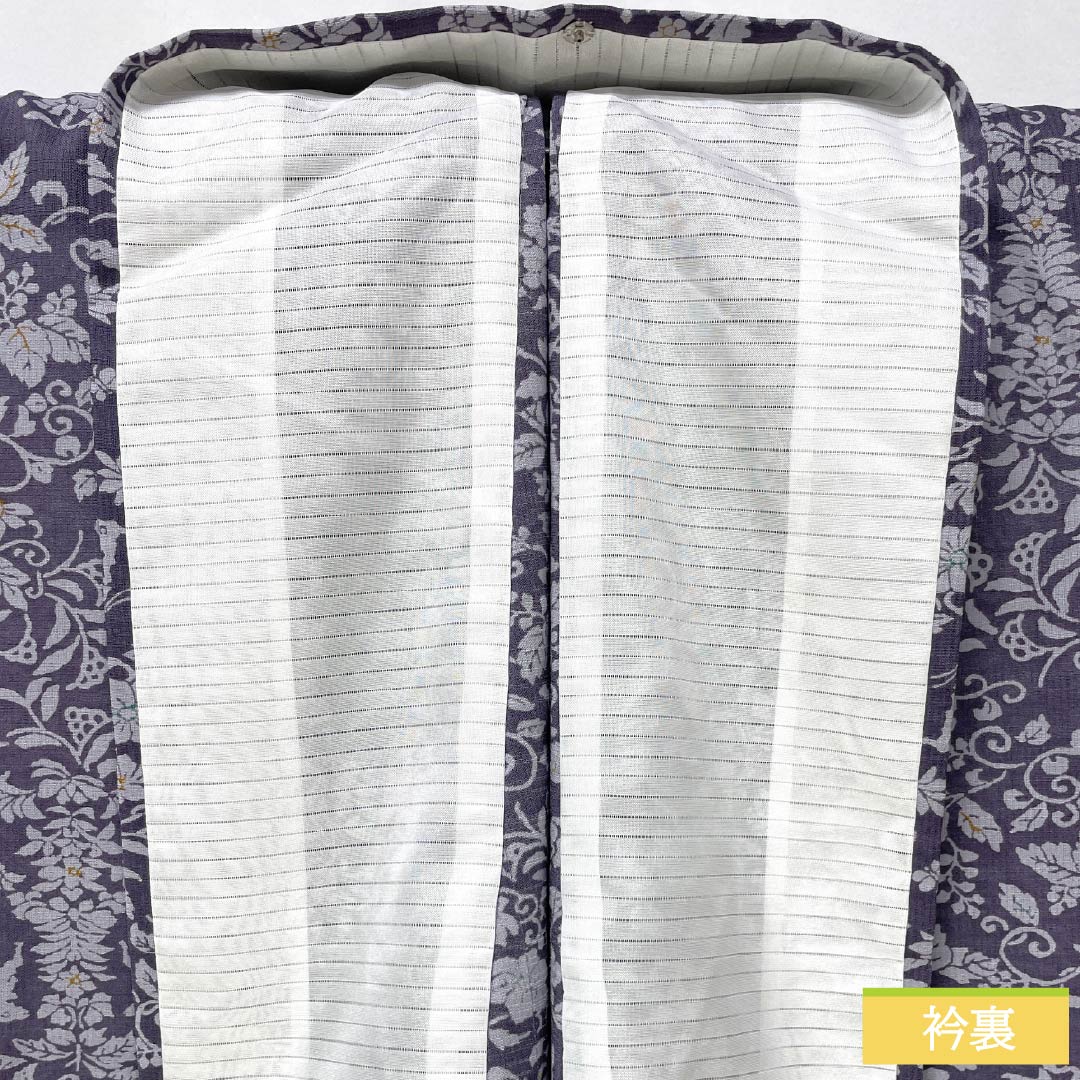 夏物 ポリエステル 小紋 身丈165.5cm 裄丈64.5cm 滅紫色(けしむらさきいろ) 割付 更紗模様 洗える着物 紗 Sランク 紫系 1132002152520