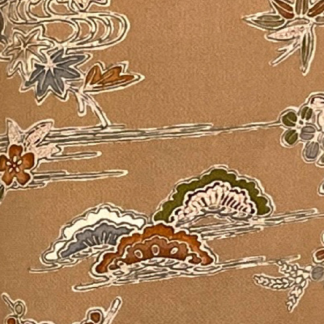 小紋 身丈154cm 裄丈61.5cm 袷 松竹梅 花籠 帛紗付き 正絹 Sランク 茶系 1115002042214