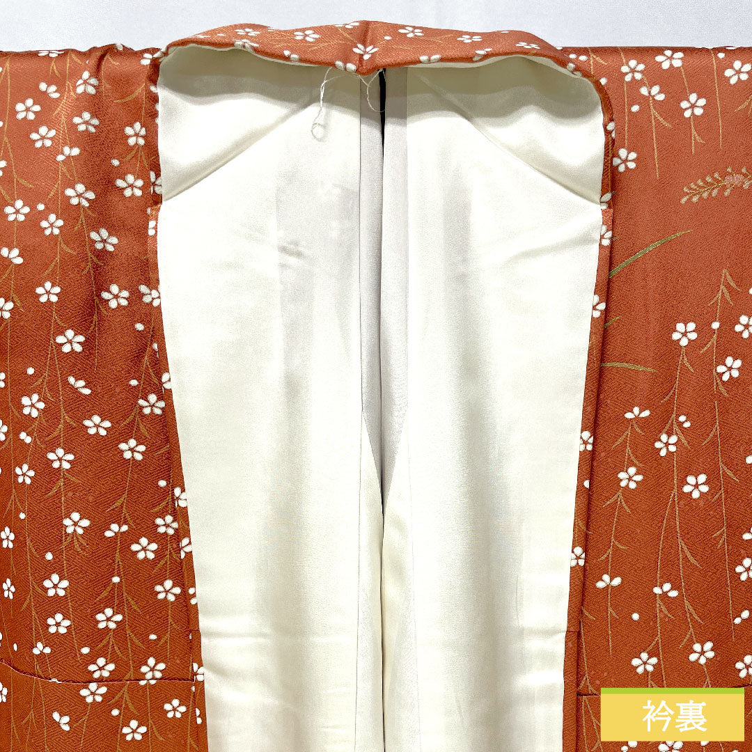 Homongi, pure silk, lined, length 165.5cm, sleeve length 64cm, faded scarlet, Kyoto Yuzen, floral pattern, fan surface, S rank, brown, 1112005512514