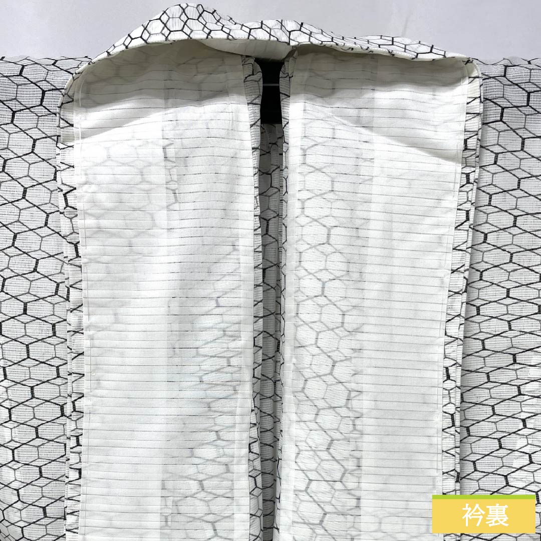 夏物 ポリエステル 小紋 身丈156cm 裄丈64cm 亀甲 洗える着物 絽 Sランク 白系 1132002612311