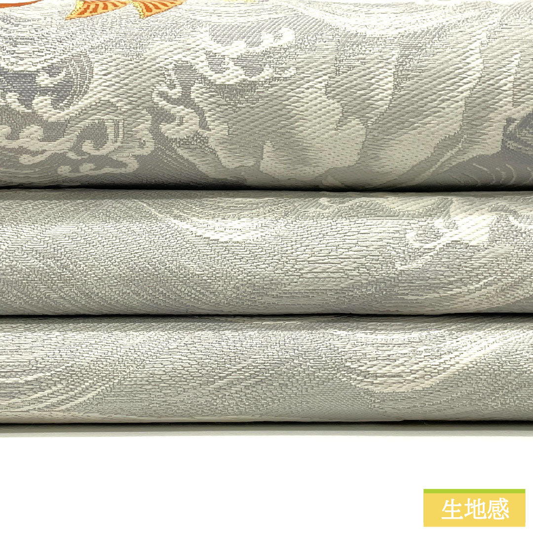 袋帯 正絹 Bランク 白銅色(はくどういろ) 西陣織 波涛鴛鴦 鶴 帯丈424cm 六通 フォーマル グレー系 1123016084322