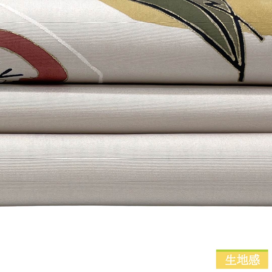名古屋帯 正絹 Sランク 開き仕立て 白土色(しらつちいろ) 染め帯 塩瀬 草花柄 帯丈368cm ポイント柄 セミフォーマル 白系 1124012082311