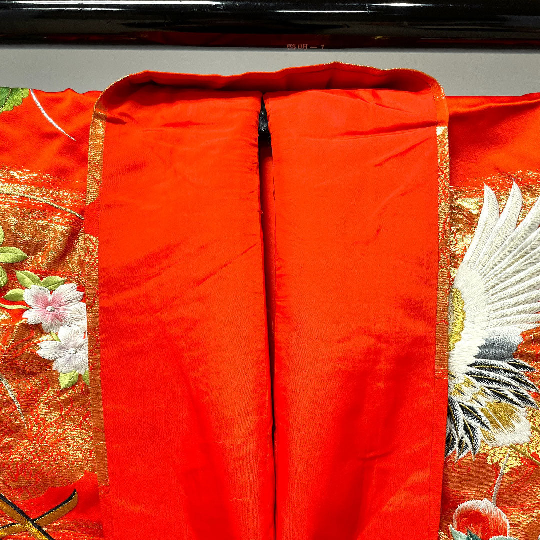 色打掛 身丈185cm 緋色 刺繡 花車 鶴 正絹 Bランク 袷 朱系 1110000264916