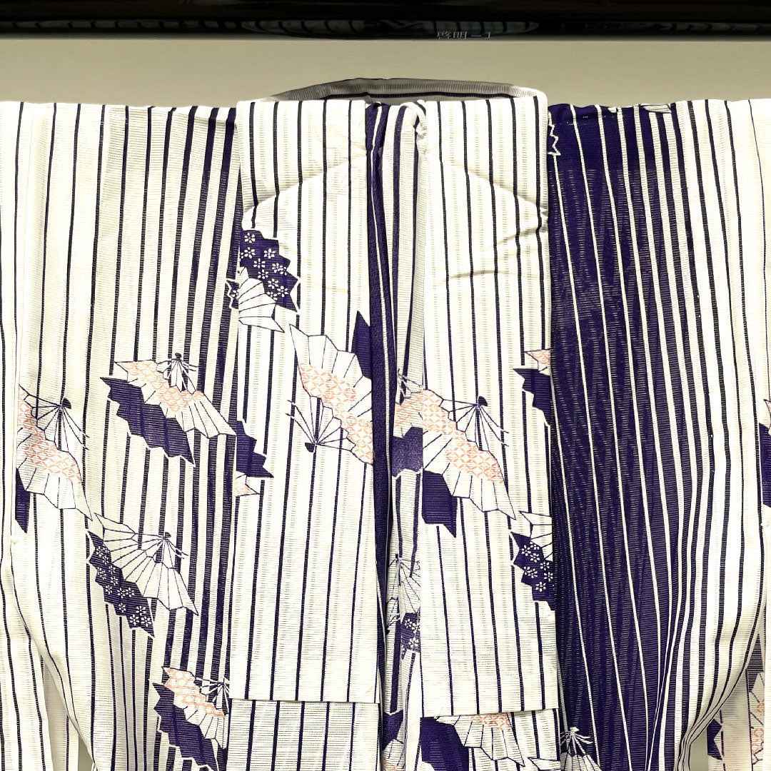 夏物 ポリエステル 小紋 身丈162.5cm 裄丈62cm 洗える着物 扇 縞 絽 Sランク グラデーション系 1132000712499