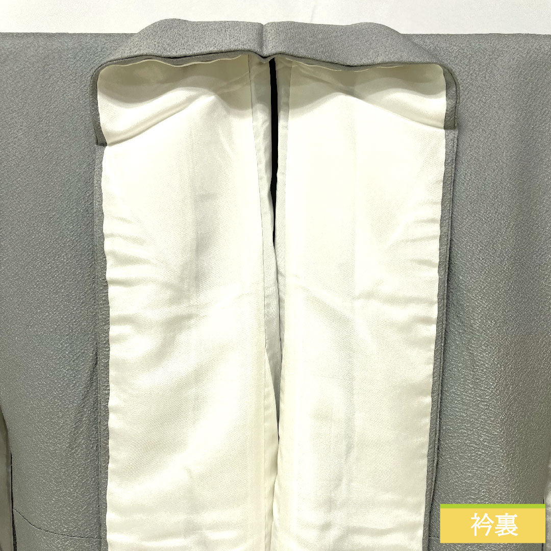 訪問着 正絹 袷 身丈156cm 裄丈62.5cm 灰色(はいいろ) 汕頭刺繡 一つ紋 片喰 雪輪 椿 Sランク グレー系 1112005022322