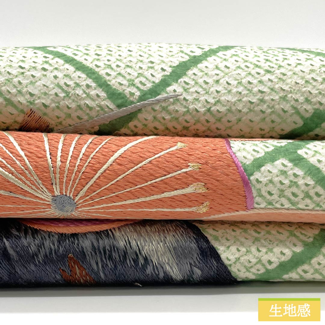 (丸帯)袋帯 正絹 琅玕色(ろうかんいろ) 絞り ビンテージ 刺繍 笹 帯丈404cm Bランク ポイント柄 セミフォーマル 緑系 1123014604319