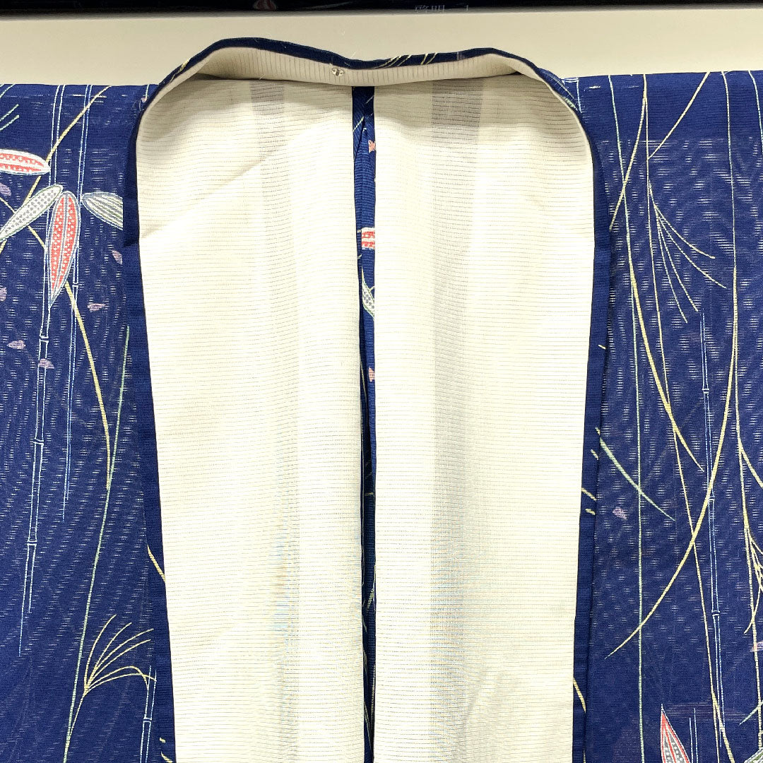 夏物 ポリエステル 小紋 身丈160cm 裄丈67cm 紺桔梗色(こんききょういろ) 竹 洗える着物 絽 Sランク 紺系 1132001442418