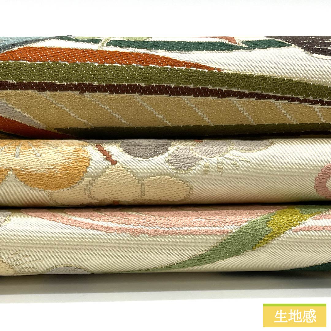 袋帯 正絹 生成り色(きなりいろ) 振袖用 白綾苑大庭 舟 梅 帯丈436cm Sランク 六通 フォーマル クリーム系 1123013852315