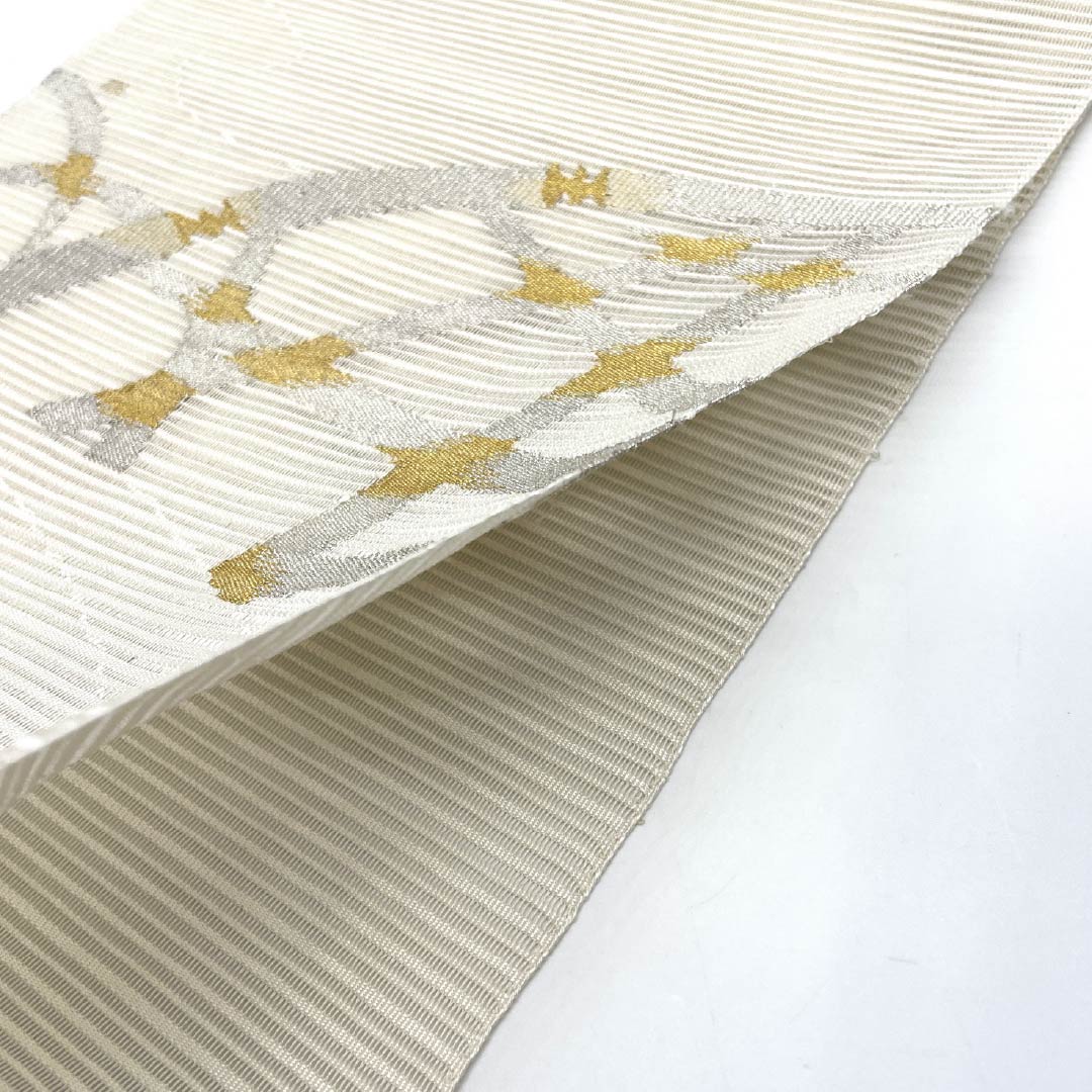 名古屋帯 正絹 生成り色(きなりいろ) 夏帯 竹垣 比翼仕立て 帯丈370cm Sランク ポイント柄 フォーマル クリーム系 1124008322315 松葉仕立て