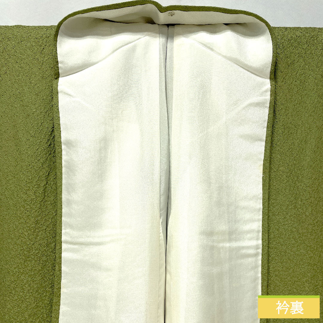 色無地 正絹 身丈157cm 裄丈64cm 柳茶色(やなぎちゃいろ) 一つ紋 蔦 袷 Sランク 緑系 1114001592319