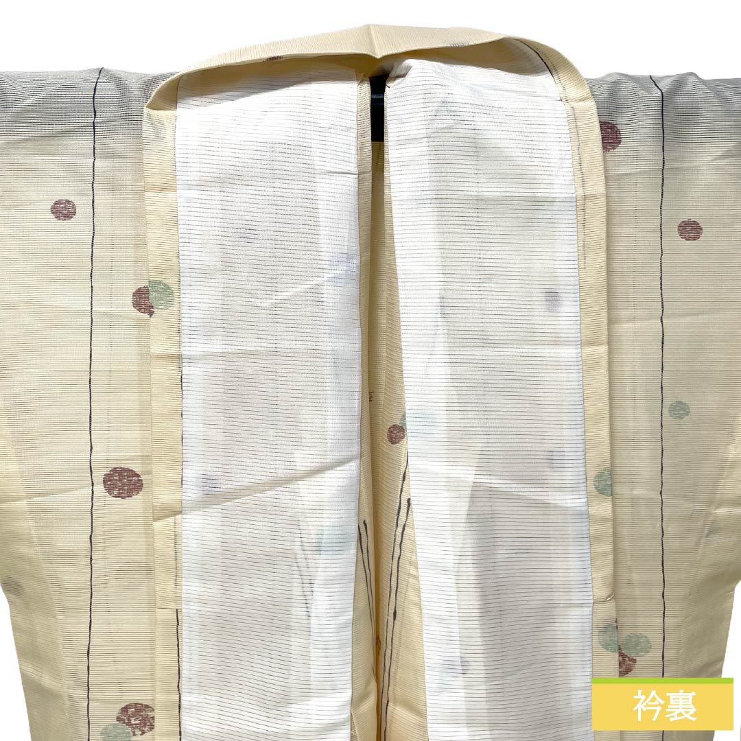 夏物 ポリエステル 小紋 Aランク 身丈164cm 裄丈66.5cm 練色(ねりいろ) 洗える着物 水玉模様 絽 クリーム系 1132005993415