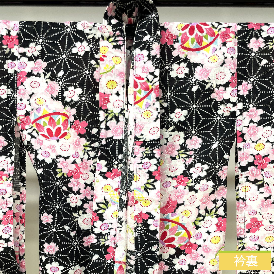 浴衣 木綿 身丈137.5cm 裄丈61.5cm Sランク 単衣 黒系 桜 麻の葉 1118005032110