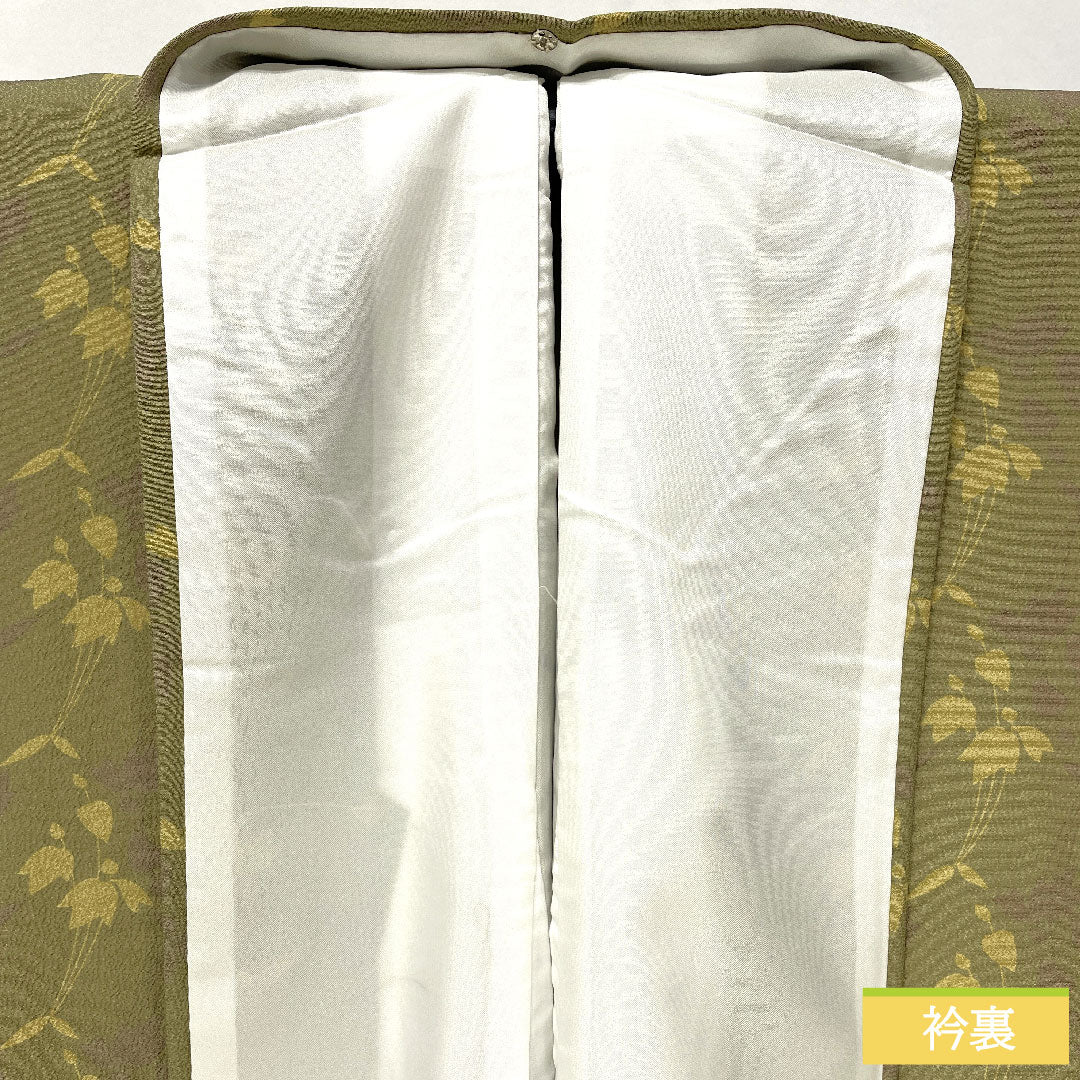 小紋 ポリエステル 身丈163cm 裄丈65cm 袷 紀州茶色(きしゅうちゃいろ) 洗える着物 抽象花 しつけ糸付き 未使用品 Sランク 緑系 1115004922419