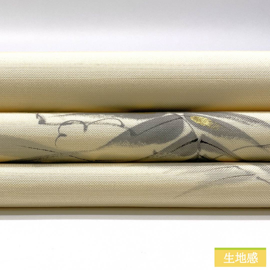 袋帯 正絹 薄卵色(うすたまごいろ) 染め帯 作家物 草花模様 帯丈424cm Sランク ポイント柄 セミフォーマル クリーム系 1123014882315