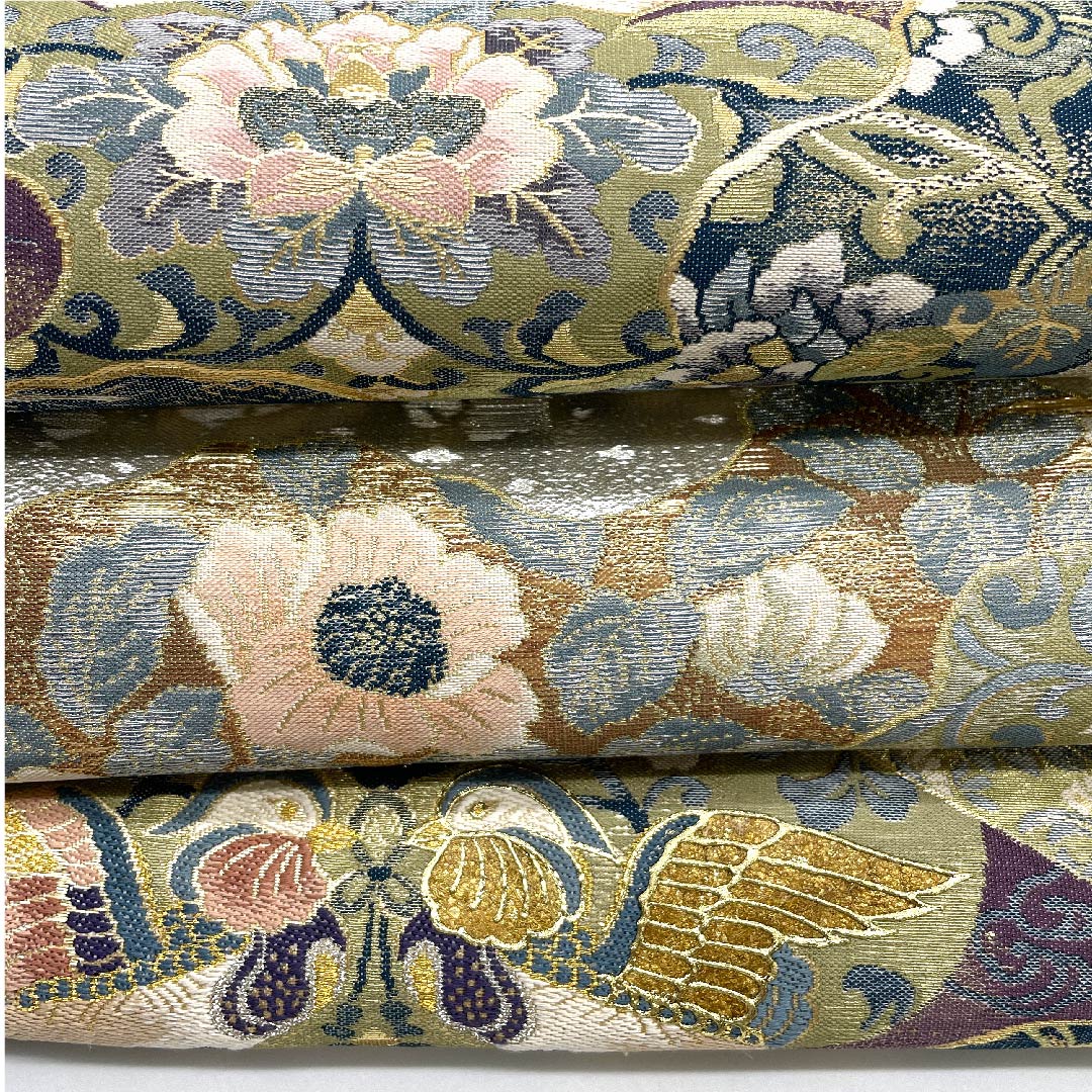 (未仕立)袋帯 銀色 黄金繭 貝紫 みつる帯 帯丈460cm 正絹 Sランク 六通 フォーマル 銀系 1123009332422