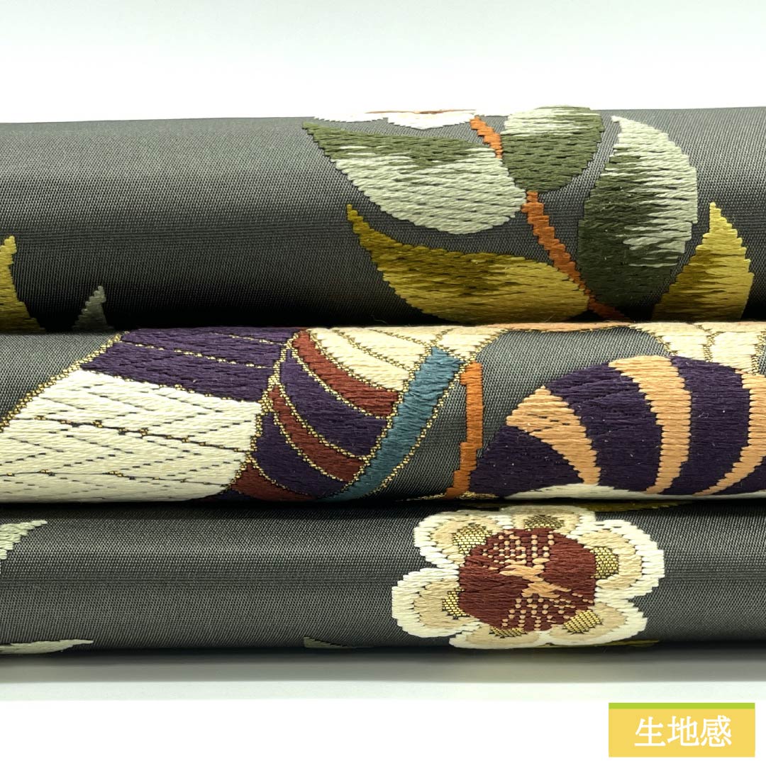 袋帯 正絹 鈍色(にびいろ) 留袖用 白綾苑大庭 鳥 草花模様 帯丈436cm Sランク 六通 フォーマル 緑系 1123014172319