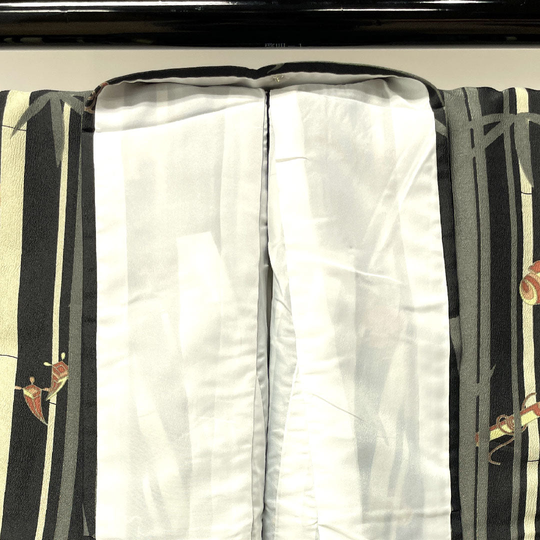 小紋 身丈165.5cm 裄丈66.5cm 袷 しつけ糸付き 未使用品 洗える着物 竹 吉祥文様 ポリエステル Sランク 黒系 1115003362510