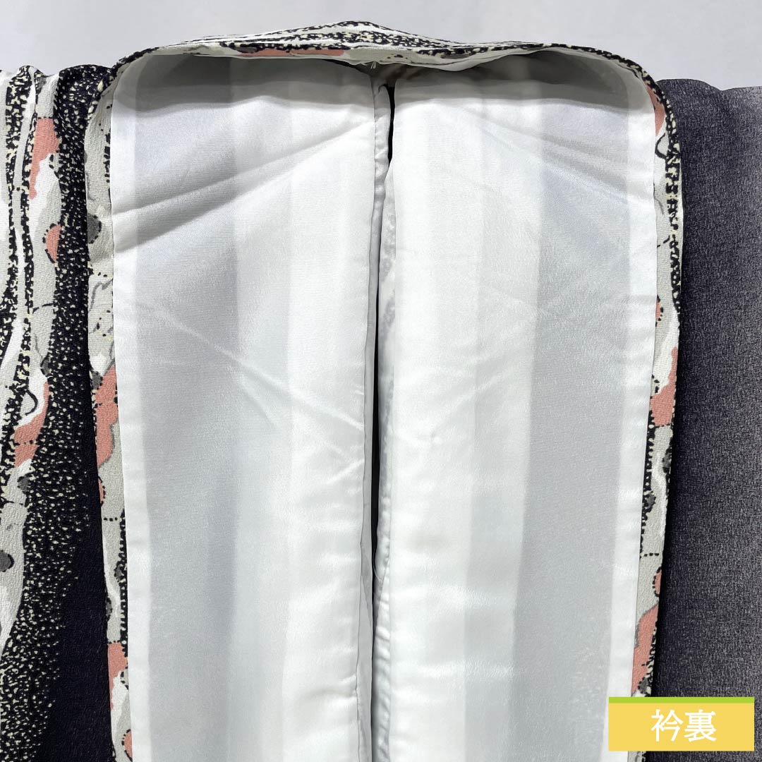 小紋 ポリエステル 身丈158cm 裄丈64.5cm 袷 今鶴羽色(いまつるはいろ) 縦縞 洗える着物 Sランク グレー系 1115006262322