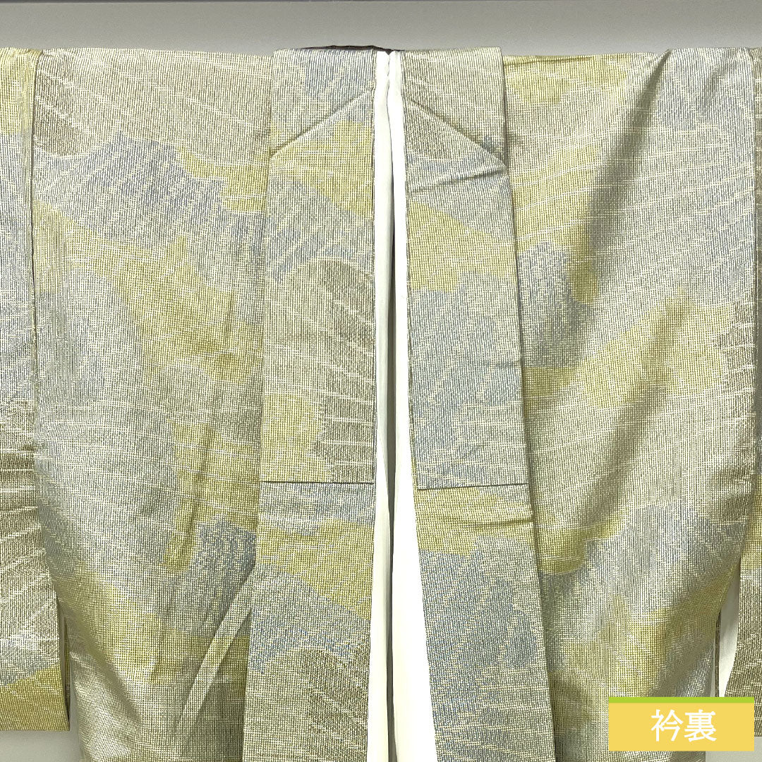 Silk pongee, Length 160cm, Sleeve length 62.5cm, Rikyu white brown, Oshima pongee, Weft-to-weave kasuri, Abstract pattern, S rank, Lined, Gray, 1116003652422