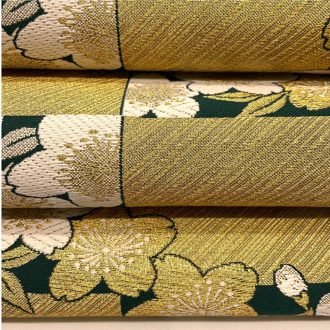 袋帯 琉璃色(リューリースーいろ 桜 市松 帯丈456cm 正絹 Aランク 六通 フォーマル 金系 1123007153421