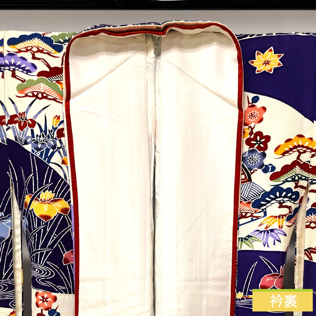 Furisode (long-sleeved kimono) made of pure silk, length 164.5cm, sleeve length 66cm, lined, bellflower color, violet color, Kyoto Bingata, auspicious motif, half-collar, B rank, purple, 1113002014420