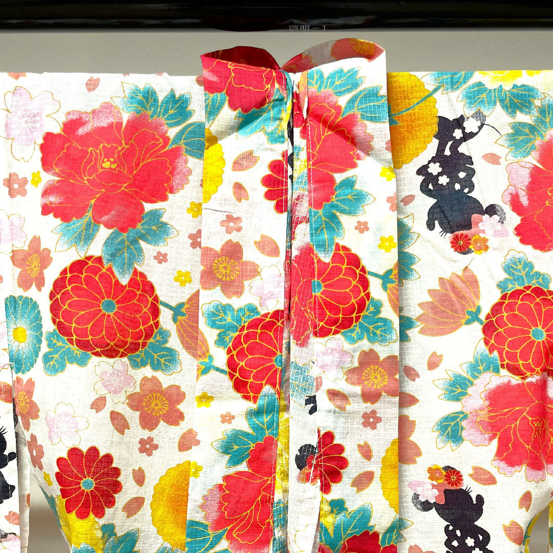 浴衣 ディズニー ミニーマウス 牡丹 桜 菊 木綿 Sランク 単衣 身丈162cm 裄丈65.5cm 白系 1118003902411