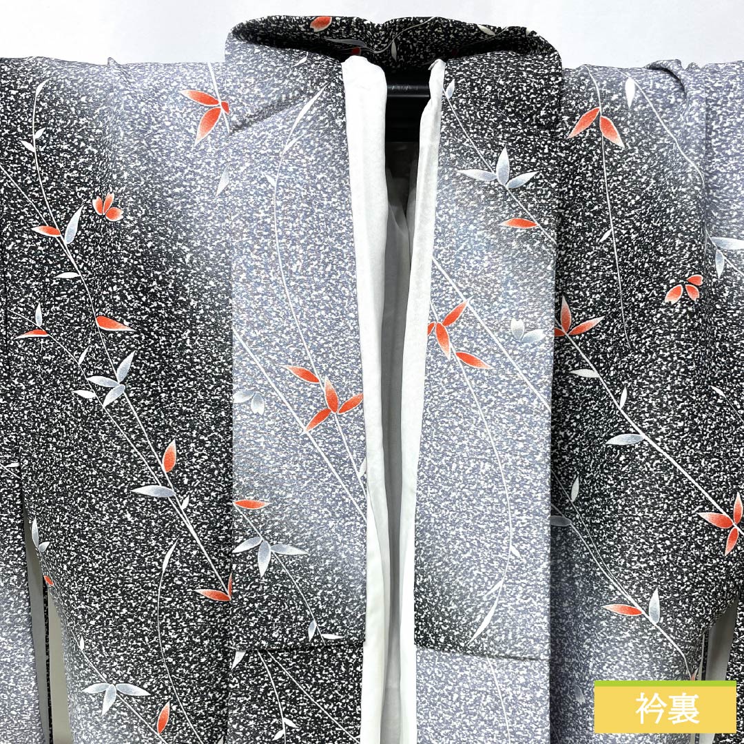 小紋 ポリエステル 身丈159.5cm 裄丈65cm 袷 青袋鼠色(せいたいねずいろ) タタキ染 草木模様 洗える着物 しつけ糸付き Sランク グラデーション系 1115005882399