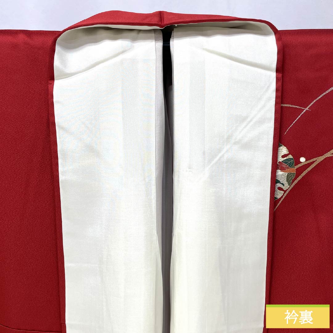 Furisode Kimono (Sleeve Kimono) - Pure Silk, S-Rank, Length 164.5cm, Sleeve Length 65.5cm, Lined, Deep Red, Kyoto Yuzen Pattern, Snow Circles, Dew Grass, Flowers, Red, Item Number: 1113002752412
