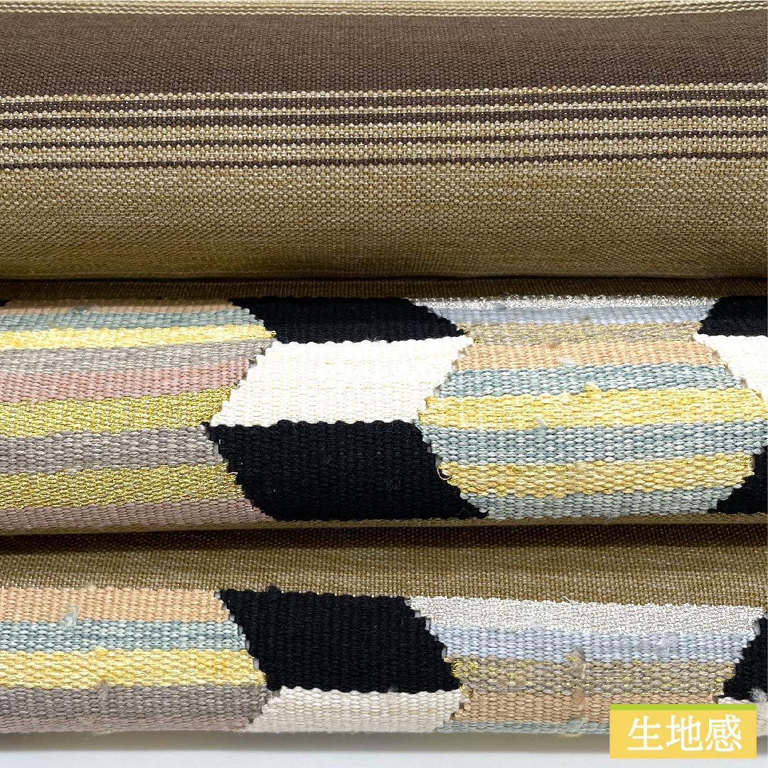 袋帯 鳥の子色(とりのこいろ) 幾何学模様 横段 帯丈470cm 正絹 Sランク ポイント柄 カジュアル グラデーション系 1123010602499