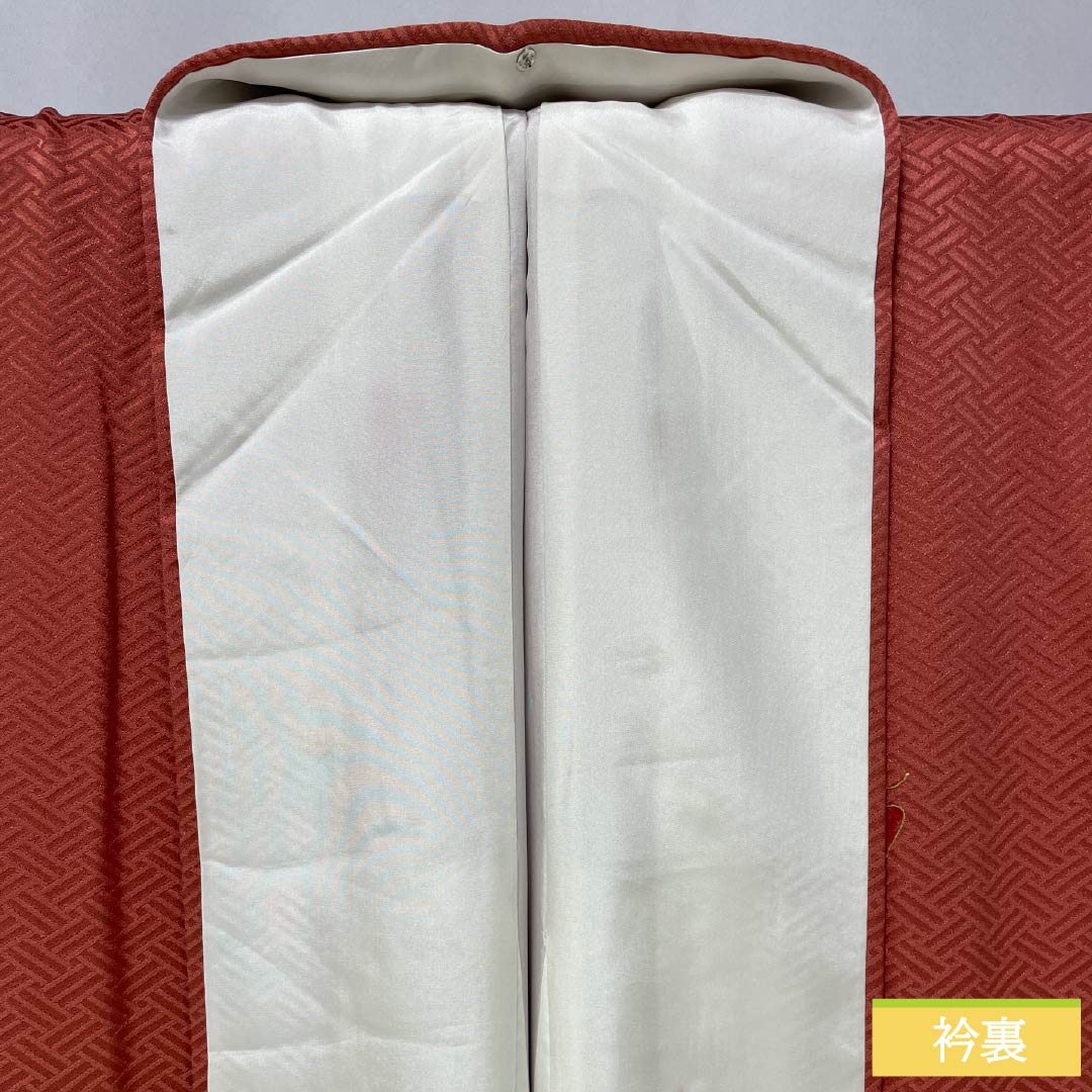 訪問着 正絹 Aランク 袷 身丈164cm 裄丈64.5cm 甚三紅色(じんざもみいろ) 京友禅 金駒刺繡 銀駒刺繍 絞り 蝶 赤系 1112007393412